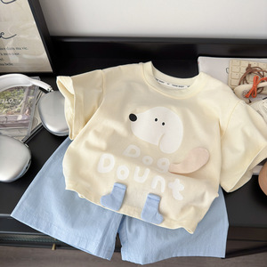 Conjunto de camiseta y pantalones cortos de algodón de dos piezas para niños, divertido estampado de dibujos animados, cachorro tridimensional, informal, de manga corta para - Product Image 3