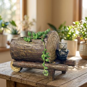 Rustic Wooden <b>Log</b> Planter With Succulent Plant And Cat Figurine For Desktop Indoor Use - Product Image 3