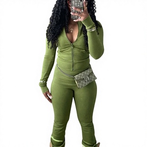 HR24066 Traje Deportivo Casual para <span class=keywords><strong>Mujer</strong></span>, Estilo Europeo y Americano, Ajustado, con Cuentas, Terciopelo Sólido, Cintura Baja, Plegable - Product Image 1