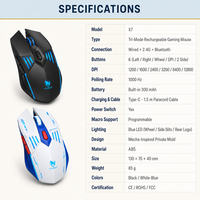 Souris de jeu USB rétroéclairée LED Mecha avec câble en paracorde, 6 boutons, noir, blanc, bleu, 12800 DPI, 85g pour configuration PC de bureau