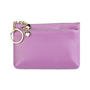 Porte-monnaie compact en cuir véritable pour femme avec fermeture éclair métallique, boucle porte-clés, doublure douce en polyester, tons pastel doux - Product Image 1