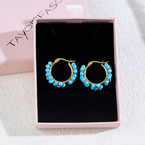 JUSTOP Gold Plated Flower Shape Hoop <b>Earrings</b> with Turquoise Beads Romantic Style Women's Everyday Wear Jewelry - Product Image 4