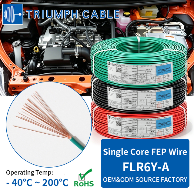 FLR6Y-A Thin Wall FEP Insulated Automotive Wire 0.35mm² - 1.5mm² High Temperature 200°C Oil Resistant Cable for Engine Harness