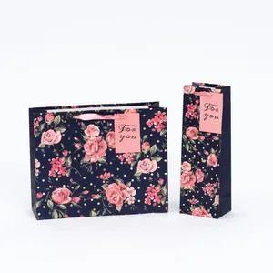 사용자 정의 디자인 리본 손잡이 장미 핑크 블랙 럭셔리 보석 화장품 선물 의류 쇼핑 포장 아트 종이 가방