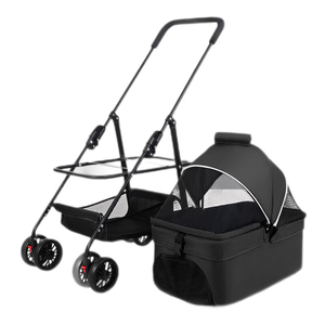 Poussette pliable bleue pour animaux de compagnie avec 4 roues, panier de transport respirant en maille pour chien, chariot de voyage portable pour usage extérieur - Product Image 1