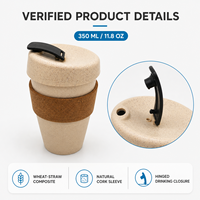 Tasse à café de style japonais JUNVOY 350 ml enveloppée de liège ; Mug en paille de blé biodégradable avec couvercle réutilisable anti-fuite, multi-usages, 126 g