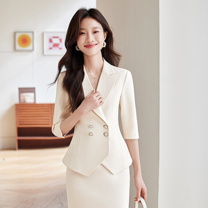 Pink Women's Suit Set Three Quarter Sleeve Midi Skirt Formal Workwear Anti-Wrinkle Polyester Blend - Product Image 3