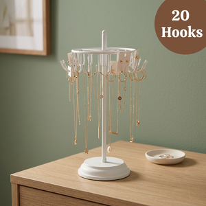 <b>Rotatable</b> Jewelry <b>Display</b> <b>Stand</b> With 20 Hooks For Necklaces Earrings Modern Round White Organizer Desk Accessory - Product Image 4