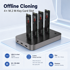 กล่องใส่ M.2 NVMe SSD แบบ 4 ช่อง, USB-C 20Gbps, โคลนแบบออฟไลน์, ไม่ต้องใช้เครื่องมือ, รองรับ SSD ขนาด 4x8TB 2230/2280, DC/PD 45W สำหรับ Win/Mac/Linux - Product Image 4
