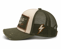 Gorra de béisbol de perfil medio de algodón y espuma, bicolor, con 5 paneles, parte trasera de malla premium, parche bordado, efecto desgastado y cierre snapback tipo trucker