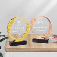 Trophée personnalisé en forme de couronne de blé avec feuille en métal et épis de blé en cristal, plaque de récompense en verre pour cérémonie de partenariat d'entreprise, souvenir