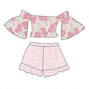 Abito da ragazza Boutique top con spalle scoperte maniche svasate pantaloncini in pizzo tessuto morbido motivo personalizzato - Product Image 5