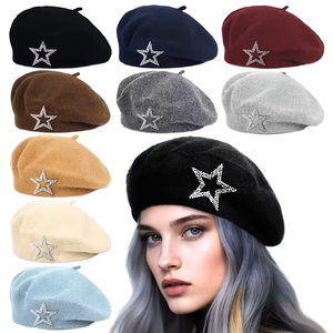 Gorro de lana con estrella de cinco puntas y diamantes de imitación para mujer, estilo pintor, cálido, de punto, informal, para uso diario al aire libre, nueva moda 2026 - Product Image 1