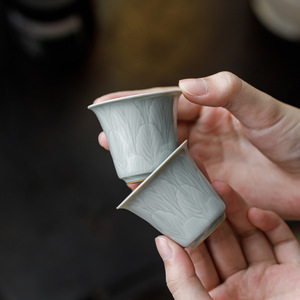 Guanlan Sky Blue Ru Kiln Small <b>Teacup</b> Ceramic Relief Design Tasting Cup Kung Fu Tea Set - Product Image 1