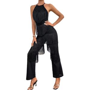 Ensemble deux pièces pour femmes, nouveau style transfrontalier, veste à franges à bretelles, pantalon à franges élégant décontracté d'été, costume de danse latine à franges - Product Image 1