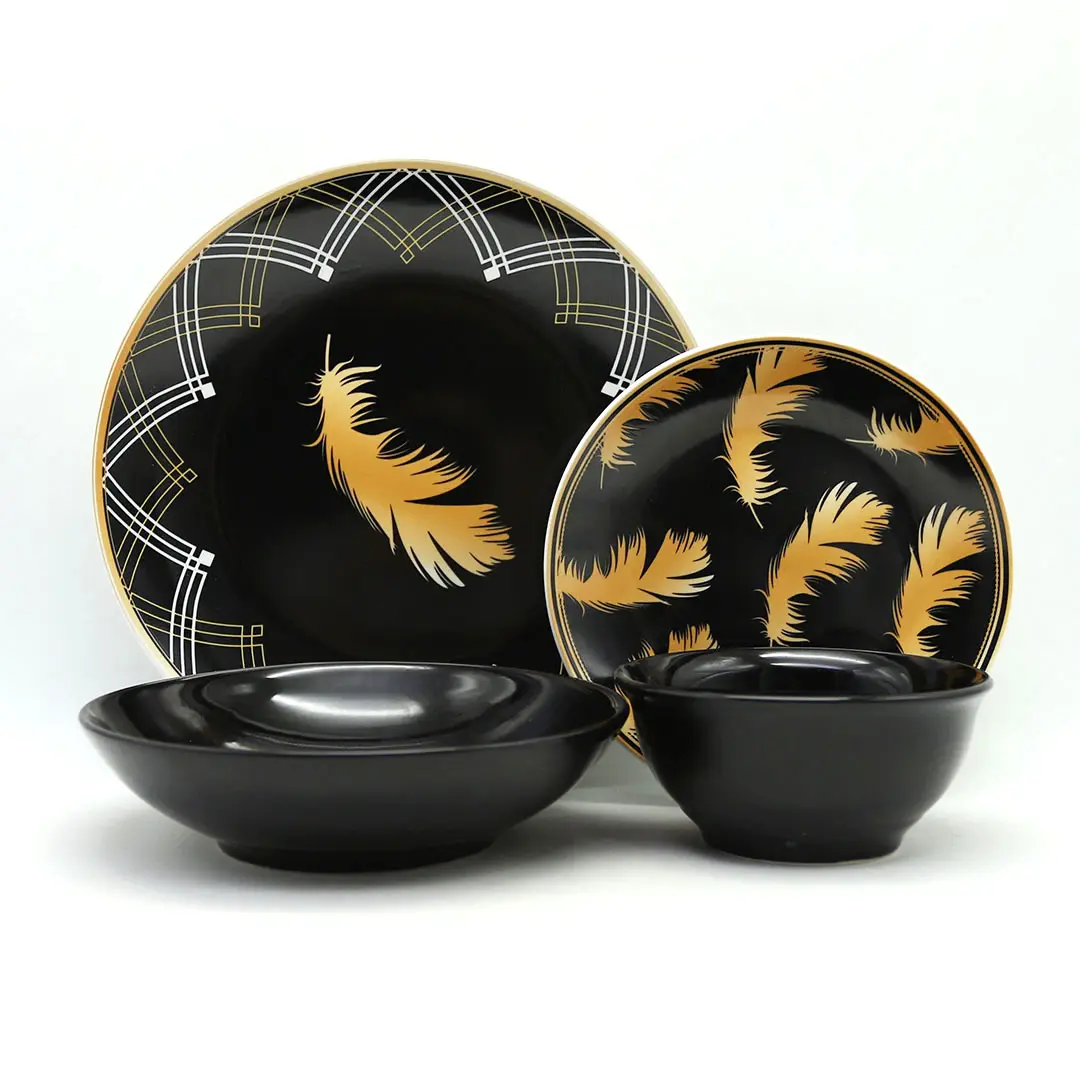 16-teilig neue Luxus schwarz gelb Feder Design Porzellan und Steinzeug Geschirr Abendessen Geschirr Set Service für 4