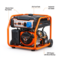 Générateur portable 6 kW 230 V 50 Hz 6,5 kW max, réservoir de carburant 25 L, démarrage électrique pour atelier, restaurant, petite usine de transformation