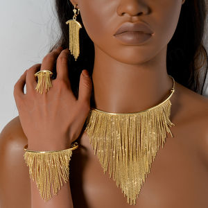 Fashion Jewelry 14K Gold Plated Classic Engagement Tassels Earring Necklace <b>Bracelet</b> Wedding <b>Bride</b> Sets for Women - Product Image 2