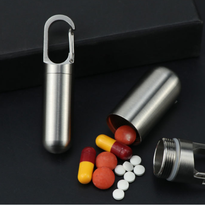 Stainless Steel Medicine Container Waterproof Portable Capsule Bottle Mini Keychain Medicine Bottle for Outdoor Travel