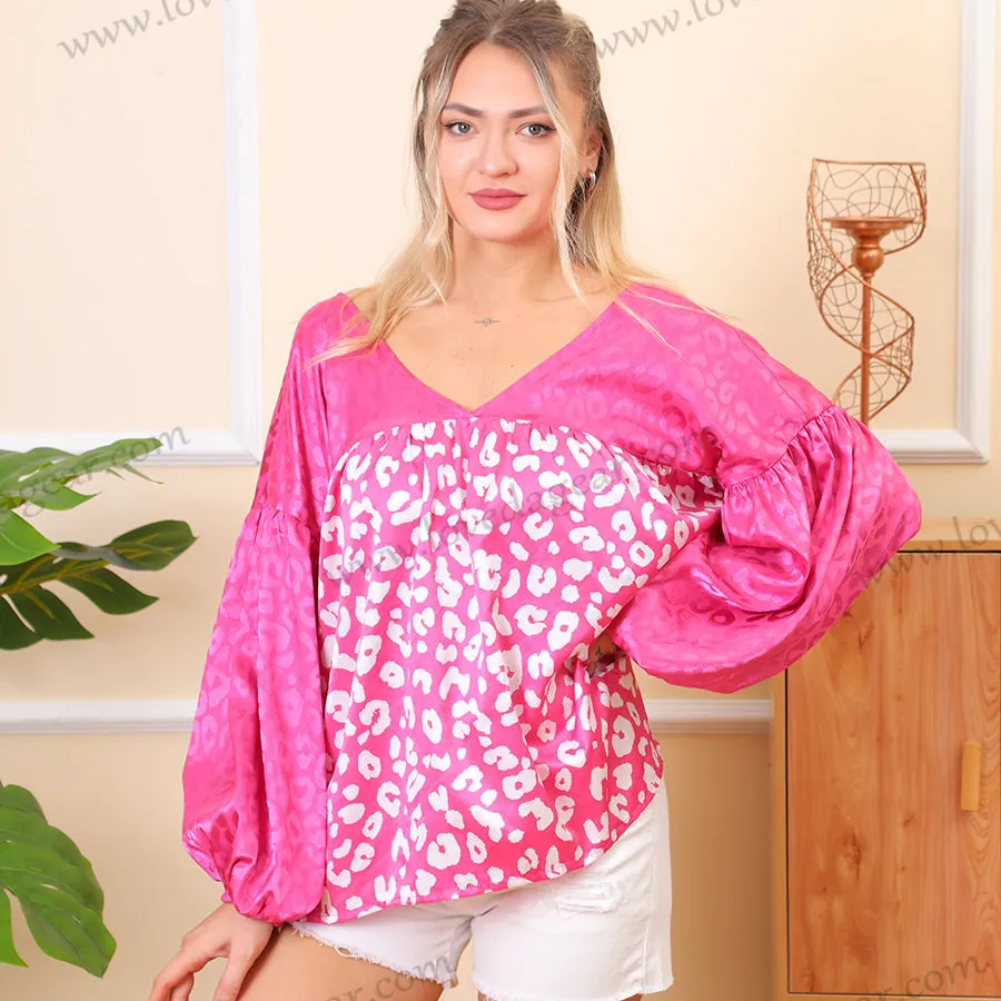 Benutzer definierte rosa Leopard Sommer Satin Puff Ärmel Damen Elegante Frauen Blusen V-Ausschnitt Blusen
