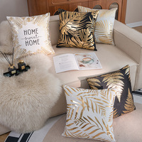 Housse de coussin carrée en velours doré avec imprimé feuilles dorées et lettres, pour chambre et canapé, décoration d'intérieur tendance