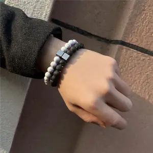 Conjunto de pulseira de pedra vulcânica 8mm, bracelete de pedra de ferro preto, turquesa, branco e turquesa