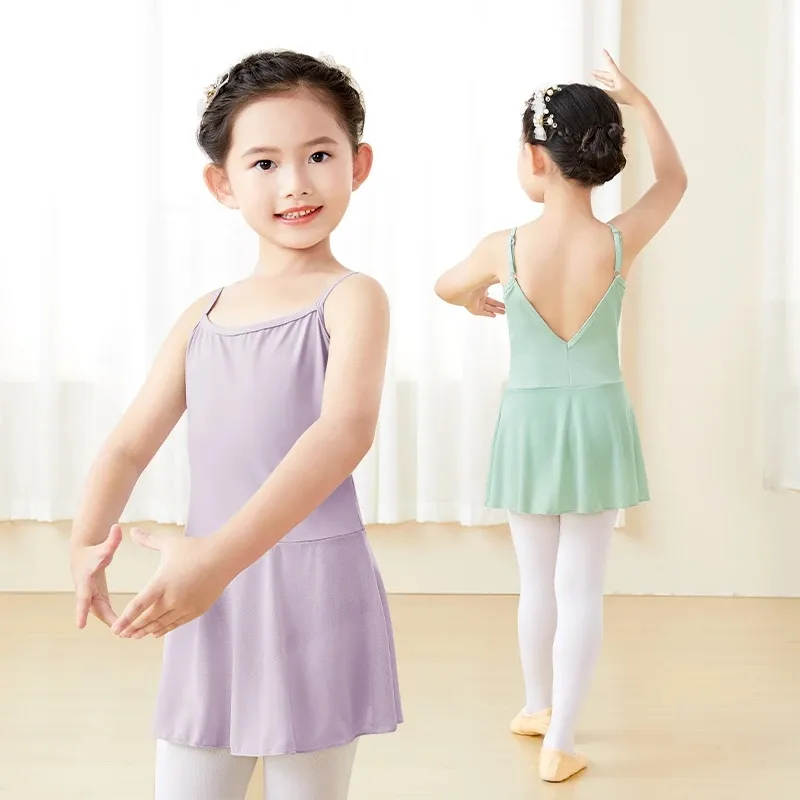 Leotards balet anak perempuan, tali bahu dapat diatur, Gaun senam, rok tari balet,