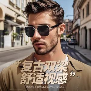 Lunettes de soleil métalliques européennes et américaines à double pont UV400 pour hommes, style conduite, monture noire, verres AC, type 3, pare-soleil - Product Image 1