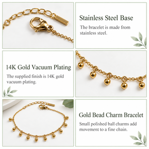 สร้อยข้อมือประดับลูกปัดทองคำ, สแตนเลสสตีลชุบทอง 14K แบบสุญญากาศ, ลูกปัดขัดเงาขนาดเล็กบนสายโซ่เส้นเล็ก, สีทอง - Product Image 4