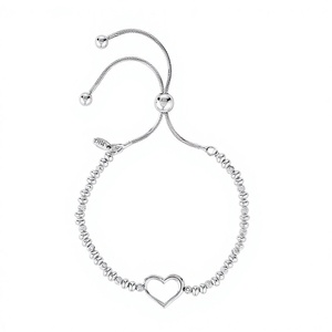 Pulsera de Cadena con Cuentas y Dije de Corazón Ajustable Plateado para Mujer, Pulsera de Eslabones con Cuentas Deslizantes - Product Image 1
