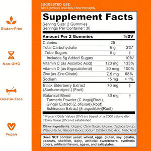 Gommes à triple action pour stimuler le système immunitaire: mélange de vitamines C, D, zinc + sureau noir, curcuma, gingembre et échinacée - Product Image 2