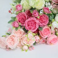 Buket Pengantin Bunga Persia Mawar Peony 5 Tangkai Bentuk Bulat Kuncup Kecil, Bunga Sutra Buatan, Pencetakan Semi-manual, Impor