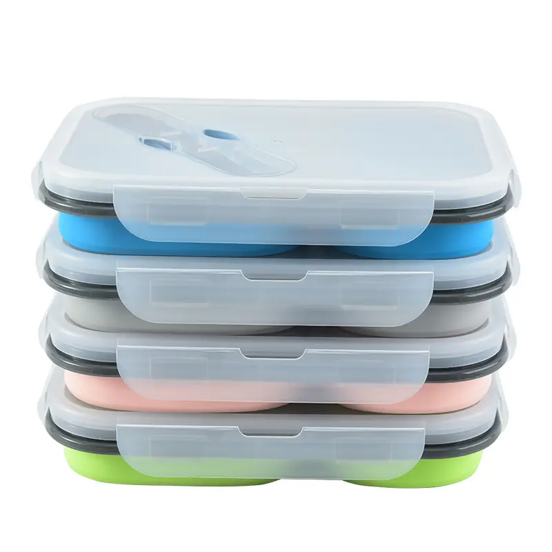2 kompartemen Bento anak-anak dapat digunakan kembali wadah penyimpanan makanan lipat anak-anak dilipat kotak makan siang silikon dengan garpu