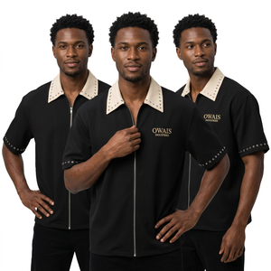 OWAIS INDUSTRIES <b>Men</b> Black Oversized <b>Zip</b> <b>Up</b> Short Sleeve Collar <b>Shirt</b> Solid Streetwear Tee - Product Image 2