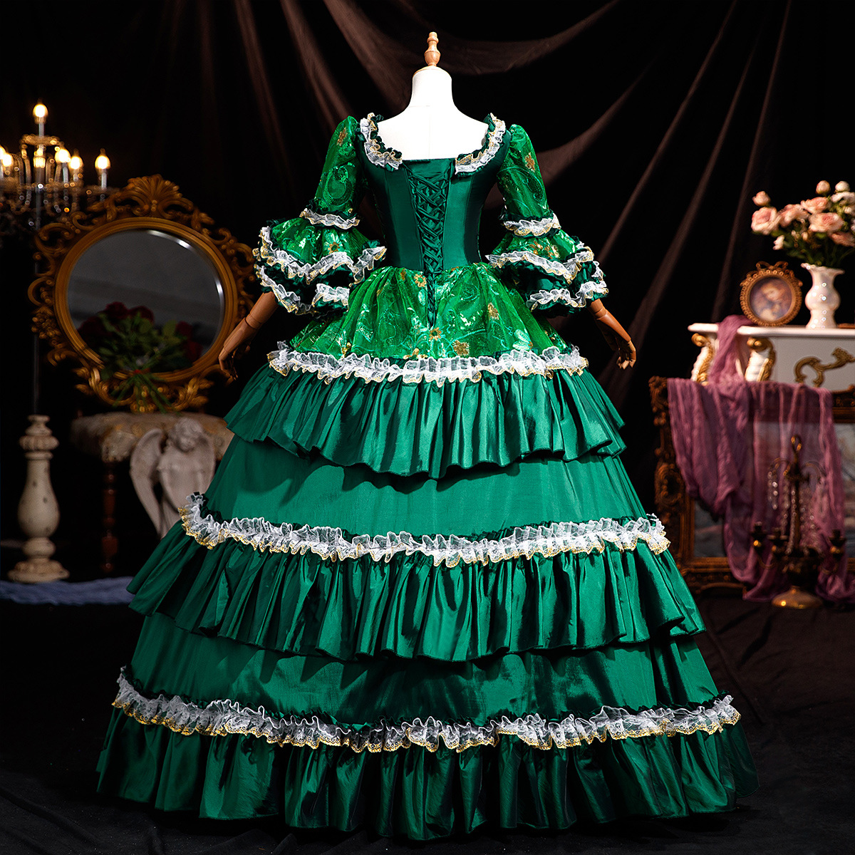green victorian dress Marie Antoinette Rococo Style in Brocade with Lace Bell Sleeves Ball Gown Plus Size Size 16W / Teal Green Victorian Choice BVOFAR Victorian Dress for Women