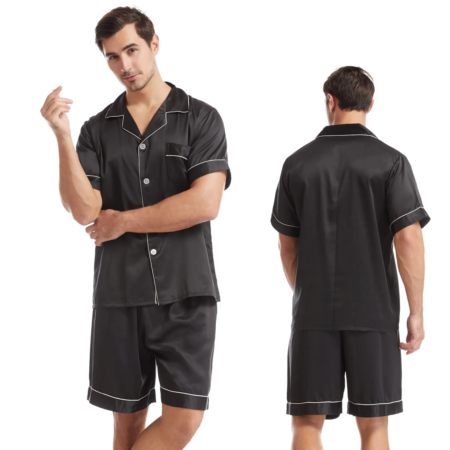 Kunden spezifisches Nacht kleid für Männer 4xl Seiden satin Pyjama Männer kurzes Set Sommer Pyjama Männer Seide Nachtwäsche Set