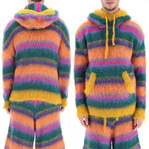 Zip Up Hoodie Set Manufacturer Custom Hodie Sweater Cardigan Knitted Men Fuzzy Warm Fur Winter Mohair Hoodie For Men