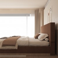 Weich gepolstertes Bettgestell mit hoher vertikaler Kanalrückenlehne und passendem gepolstertem Endbrett für modernes Hauptschlafzimmer