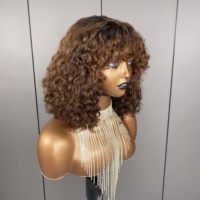 Perruque en cheveux vierges ondulés, fabriquée à la machine, avec frange, dentelle transparente, sans colle, sans dommages, couleur personnalisée pour femmes noires