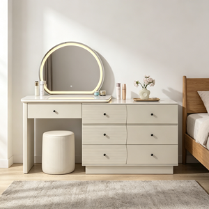 Ensemble coiffeuse crème brillant avec miroir LED rond, tabouret cylindrique horizontal à 6 tiroirs, armoire extensible et bureau de maquillage - Product Image 1
