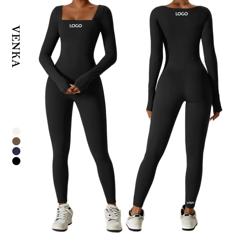 OEM Women Comfort Compression One Piece Sports Wear Square Neck Long Sleeved Shirt Yoga Pants Yoga Gym Full Bodysuit Jumpsuit