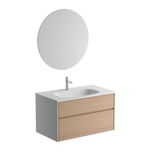 Meuble-lavabo mural moderne en MDF avec texture ondulée 3D, vasque en pierre artificielle PVC blanc mat et qualité E1 - Product Image 1