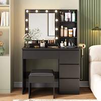 Coiffeuse moderne et simple noire avec miroir lumineux, panneau éclairant, en bois écologique, mini commode pour chambre d'hôtel, petite taille