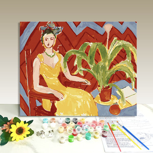 Paint by Numbers Canvas Kit Modern Portrait Art DIY Rectangle Handmade Digital Printing Yellow Dress Woman Plant Scene - Product Image 1