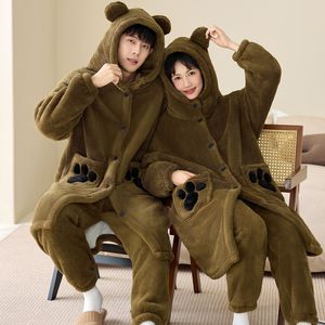Conjunto <span class=keywords><strong>de</strong></span> Pijamas <span class=keywords><strong>de</strong></span> Franela Gruesa <span class=keywords><strong>de</strong></span> Coral para Parejas, Diseño <span class=keywords><strong>de</strong></span> Oso con Capucha, Térmico, Transpirable, Suave, Cintura Elástica Larga - Product Image 3