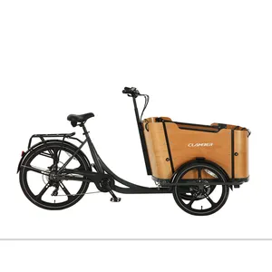 Bicicleta de entrega electrónica con caja de madera delantera, MG Llanta de Aleación, carga completa, stock europeo, bicicleta holandesa, bicicleta de carga eléctrica