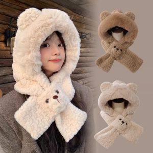 Cute Bear Ear Hat And Scarf Set Women Winter Plush Thickened Warm Neck Protector Foldable 56-58cm Solid Color Plain Style - Product Image 1