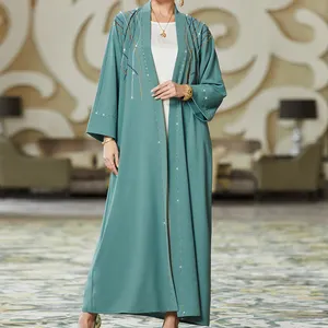 Neueste Abaya Designs vorne offen Abaya hellblau Langarm Handarbeit Diamant Maxi Robe muslimische Frauen Kleid Perlen glänzend Abaya
