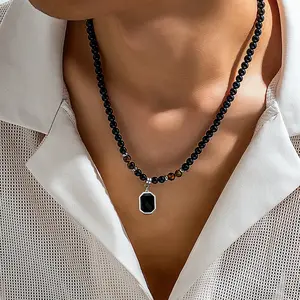 black stone beaded necklace men's tiger-eye pendant hip hop personality men's clavicle chain accessories