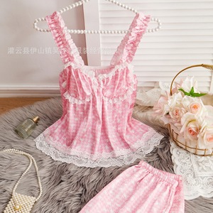 Comercio exterior europeo y americano, ventas transfronterizas: Pijama con diseño de tirantes con volantes y ribetes de encaje, estampado en seda sintética - Product Image 2